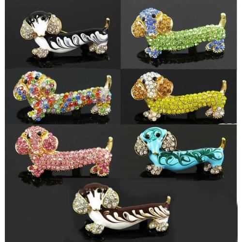TianBo 7 Colors Cute Dachshund Brooch Pins for Women Enamel Alloy Pave Rhinestone Dog Brooches Kids Clothing Accessories