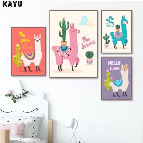 Nursery Decor Prints and Posters Cartoon Llama With Cactus Canvas Painting Cute Animal Alpaca Picture Baby Room Wall Decoration
