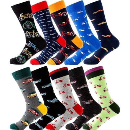 Men Happy Cotton Socks Transportation Design Crew Socks Bicycle Motorcycle Car Helicopter Embroidery Male Socks Skateboard Socks
