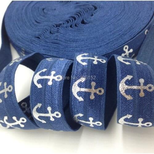 Blue Silver Foil Anchor Print Fold Over Elastic for DIY Hair Supplies 5/8" Anchor FOE for Hair Accessories 10Yards/lot