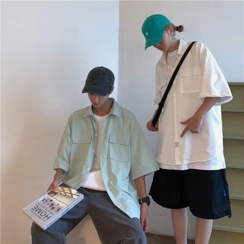 Summer Short-sleeved Shirt Mens Fashion Light Green Black White Shirt Men Korean Loose Pocket Casual Shirts Mens Dress Shirt