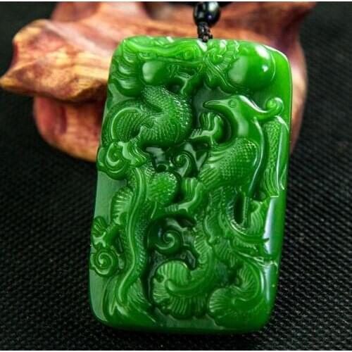 Hotan jade jade dragon phoenix jade spinach Green Jade Dragon Phoenix couple pendant Dragon Phoenix Chengxiang jade