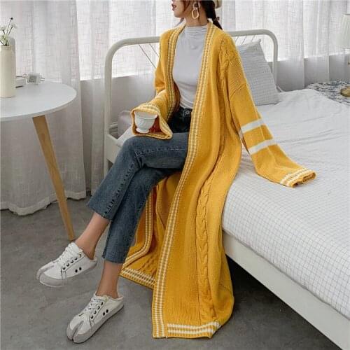 Women Fashion Loose Casual Oversized Long Sweaters Autumn Winter New Stripped Long Cardigan Flare Sleeve Chic Knitted Coat