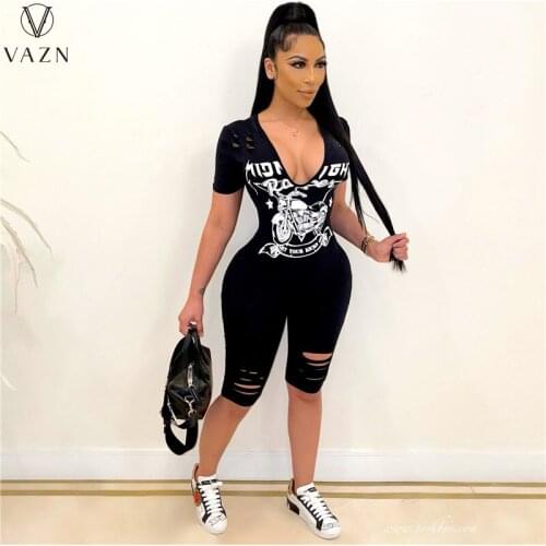 VAZN 2021 New Letter Deep V-neck Vintage Bandage Young Sexy Soft Daily Simple Short Sleeve High Waist Women Pencil Playsuits