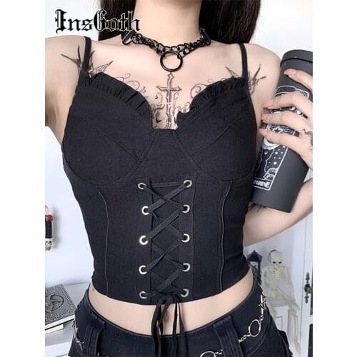 InsGoth Sexy Bandage Camis Women Gothic Black Spaghetti Strap Backless Bodycon Crop Tank Tops Female Vintage Camisoles Summer
