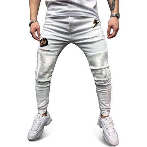 Casual Slim Fit Straight High Stretch Feet Skinny Jeans Male White Jeans Trousers New Men Embroidery Badge Ripped Jeans Fashion