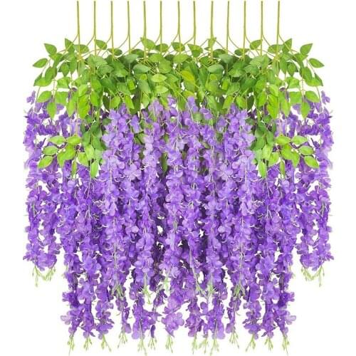 New 12 Pieces Artificial Silk Wisteria Flower Hanging Silk Vine Rattan Fake Bush Flower for Home Party Wedding Garden Outdoor Gr