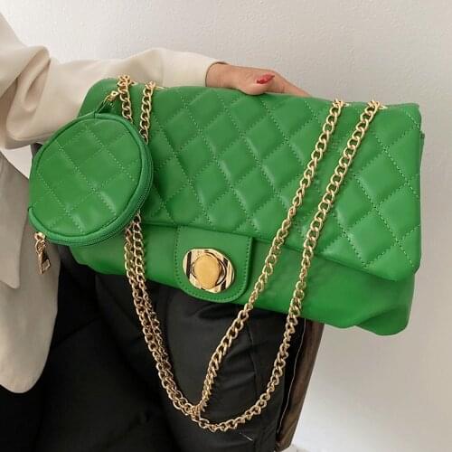 Green Fashionable Handbags Woman Leather Shoulder Bags with Purse Diamond Lattice Crossbody Bag for Girls Sac Travel Chain Tote