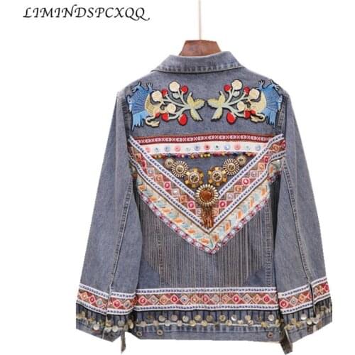 Autumn Vintage Denim Jacket Embroidery Tassel Beaded Loose Coat Long Sleeve Outerwear Jackets Women Boho Style Clothes Jaqueta