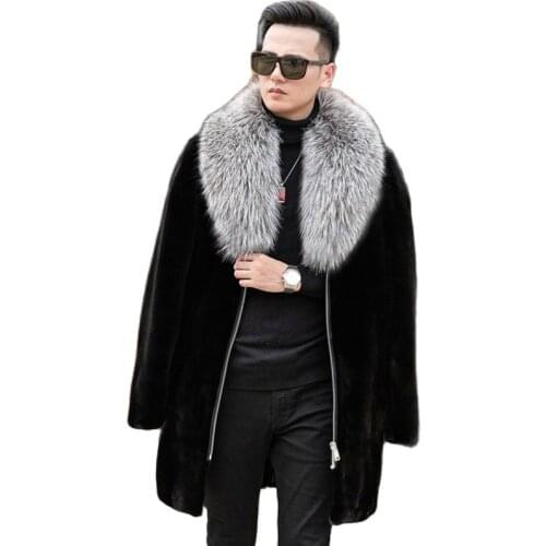 S-6XL New Fashion Winter Clothes Marten Overcoats Mens Mink Velvet Slim and Long Type Large Silver Fox Fur Collar Mink Fur Coat