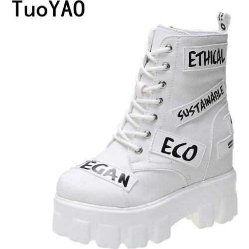 Spring Women Thick Sole Ankle Boots Luxury Platform Canvas Boots 2021 Womens 9cm High Heels Wedge Boots Shoes Woman Sneakers