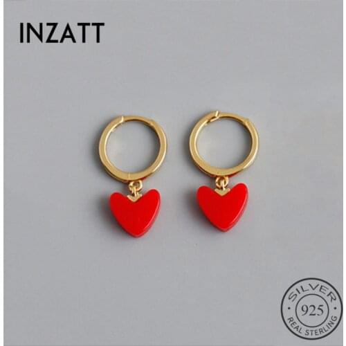 INZATT Real 925 Sterling Silver Red Heart Hoop Earrings For Fashion Women Party Fine Jewelry Cute Minimalist Accessories Gift
