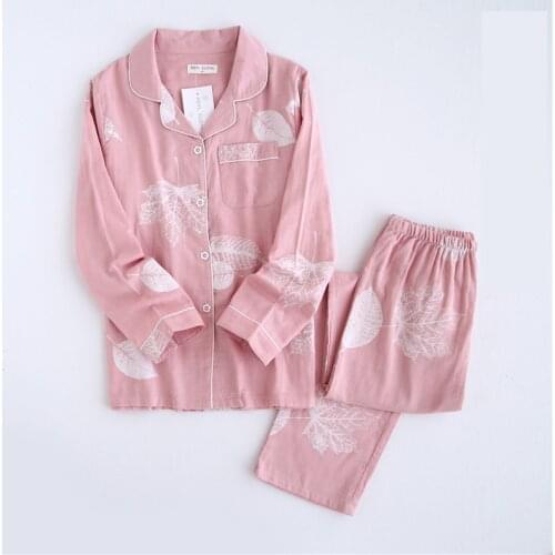 Korean Style Women Fresh Maple Leaf Pajama Sets Cotton Long Sleeve Casual Sleepwear Women Pyjamas