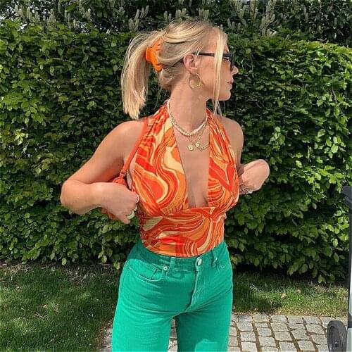 2021 New Halter Tank Tops Women Water Wave Print Sleeveless V-neck Backless Bandage Crop Tops Sexy Club Vintage Vest Female