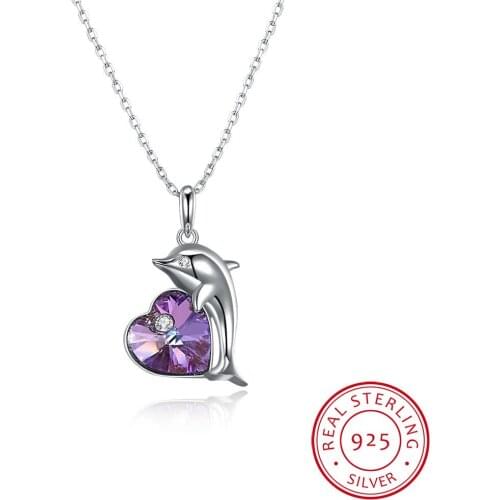 LEKANI Crystals Necklace Dolphin Heart Crystal Pendant Necklace 925 Ssterling Silver Jewelry Women Gift