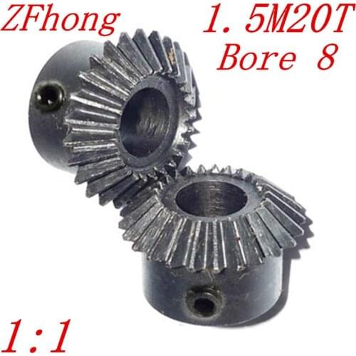 1 pair 1.5M20T bore 8 1:1 Metal Bevel Gears 1.5 Module 20 Teeth With Inner Hole 8mm 90 Degree Drive Commutation