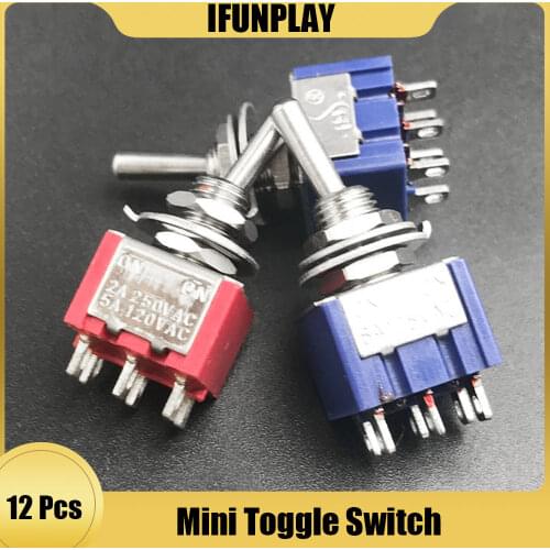 12Pcs Mini 2 Way Toggle Switch Electric Guitar Bass Switch 6Pin Guitar Switch AC 120V 5A / AC 250V 2A AC 125V 6A ON/ON Red/Blue