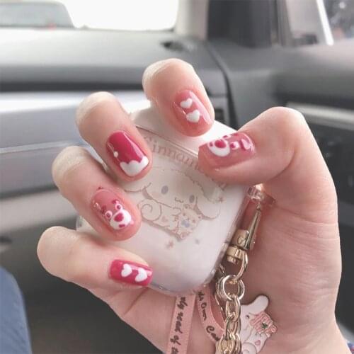 24pcs Love Heart Printed Nail Patch Glue Type Removable Short Paragraph Fashion Manicure Save Time False Nail Patch TN