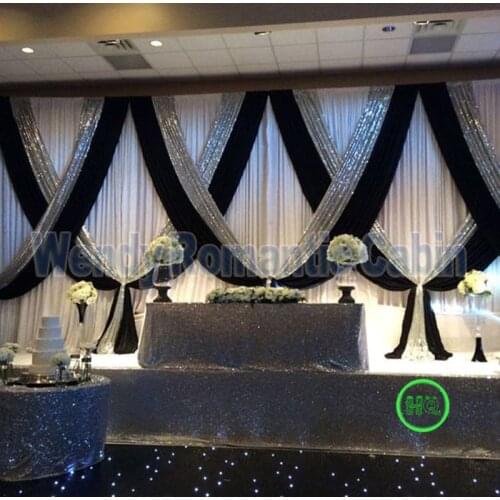 3M x 6M Black with White Wedding Backdrop with silver sequin stage swag wedding Decoration