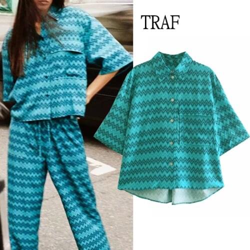 TRAF Women Fashion Print Shirt Za 2021 Summer Female Casual Long Sleeve Blouse Loose Tops Blusas Pocket Irregular Women Clothes