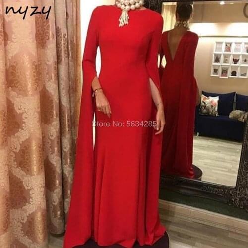 Elegant Long Sleeves Jersey Red Evening Dresses Long 2020 NYZY E4 Red Carpet Celebrity Evening Gown Formal Dress Party