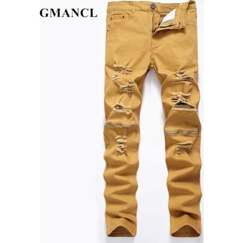 GMANCL Fashion Mens Knee zipper Ripped Designer Jeans Trousers Holes Cotton Slim Hip hop Motorcycle Men Distressed Denim Pants