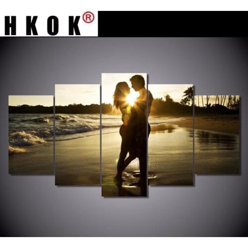 HKOK Painting Modern Art Live Wall Decoration 5 Panels Lovers Under The Sunrise Landscape Photo Canvas Modular Picture Poster