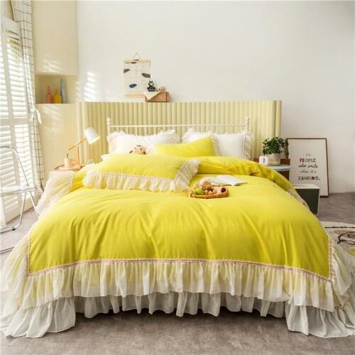 Princess Style Yellow Lace Bed Skirt Cotton Bedding Set Duvet Cover Set Bed Linen Pillowcase Fitted Sheet HomeTextile 4PCS