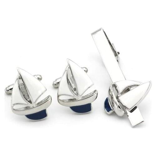 5sets/lot Silver Enamel Sailing Boat Cufflinks Tie Clip Set Sailboat Sail Ship Cuff Links&Tie Pin Bar Set Mens Jewelry