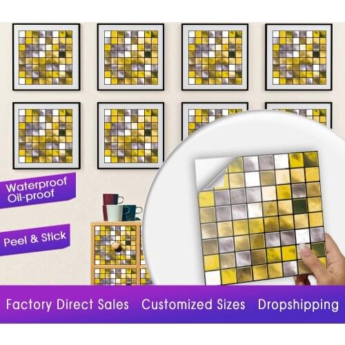 10pcs Golden Yellow Mosaic Tiles Sticker Printed in 2D Transfers Covers for Kitchen Bathroom Home Decor Self-Adhesive Wallpaper