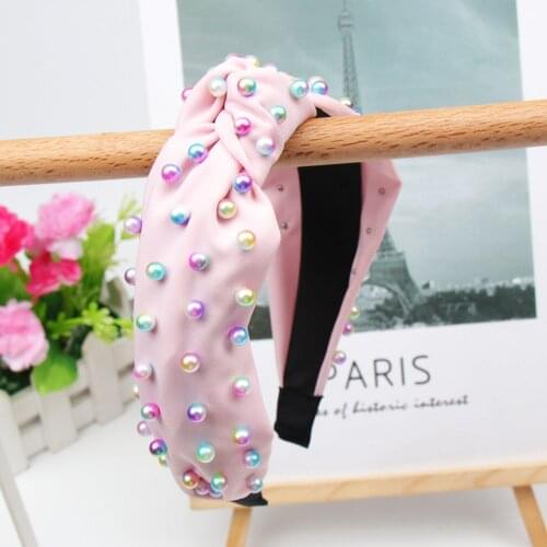 Polyester Colorful Pearl Hairband for Women Knotted Hairbands Girls Fabric Headband Hair Hoop Hair Accessories