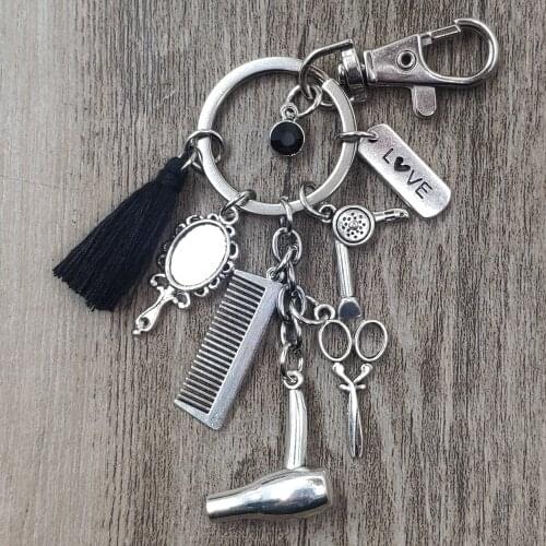 Hair Stylist Essential Hair Dryer Scissors Comb Decorative Antique Silver Keychains Hairdressers Key Rings Women Gift CF045-52