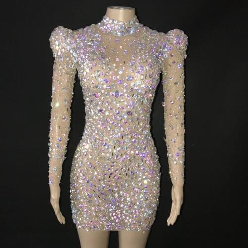 Bright AB Rhinestones Mesh Dress Female Singer Performance Sexy Costume Evening Birthday Celebrate Big Stones Colorful Dress