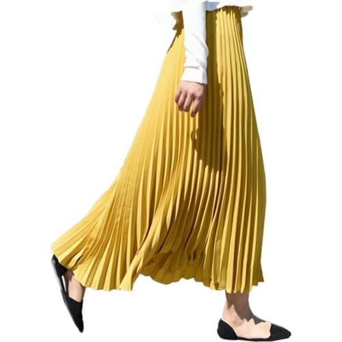 Spring Autumn Ladies Skirts Women Vintage Long Skirt Female Saias Elegant Elastic Saia Longa Falda Pleated Women Maxi Skirt Jupe