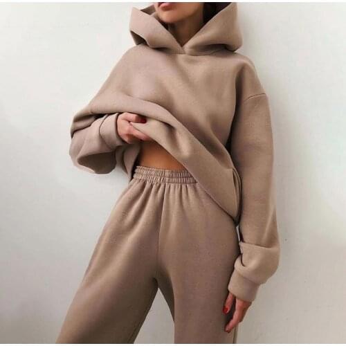 Women Elegant Solid Sets For Women Warm Hoodie Sweatshirts And Long Pant Fashion Two Piece Sets Ladies Lace Up Sweatshirt Suits