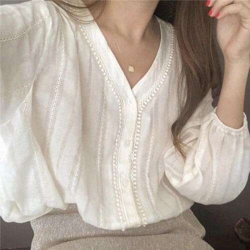 Women Spring Autumn Style Lace Blouses Shirts Lady Casual Long Puff Sleeve V-Neck Loose Lace blusas Tops ZZ0842