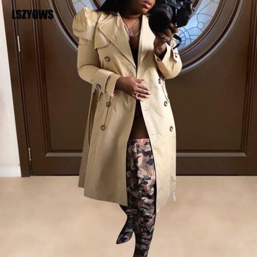 2021 Spring Women Long Trench Coat Streetwear Elegant Puff Sleeve Double Breasted Windbreaker Casual Loose Khaki Female Outwear