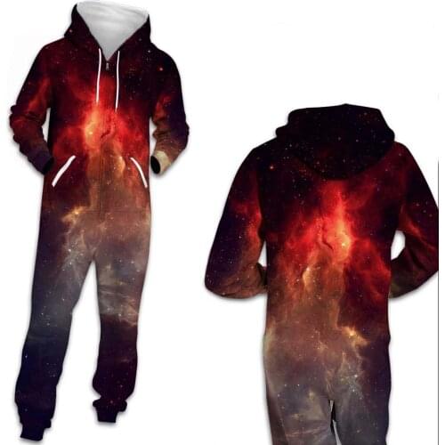 Womens Galaxry Onesie Jumpsuit Unisex 3D Digital Printing Stylish Loose Zipper Casual Hooded Sleepwear Playsuit Outwear Clothes