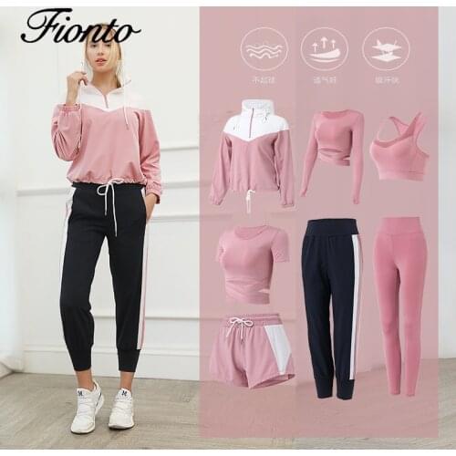 7 Piece Set Women Quick Dry Yoga Clothing Hooded Coats+T Shirt+Bra+Shorts+Pants+Leggings Fitness Gym Outdoor Sportswear Suits