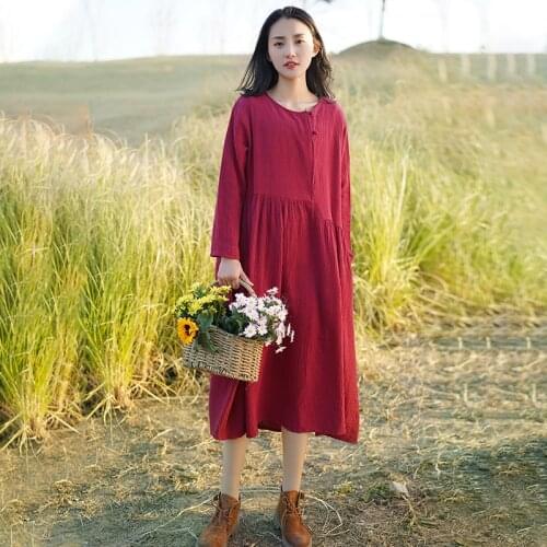 Aransue Retro Robe Womens Chinese Style Long Sleeve Dress 2021 Spring Autumn Large Loose A-line Big Swing Over The Knee Dresses