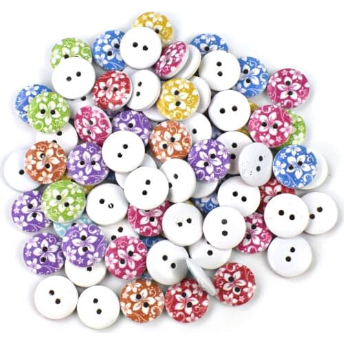 100PCS 15mm Flower Pattern Round Shaped Wooden Button Mixed Wood Buttons 2 Holes Sewing Accessories for Clothes DIY Craft