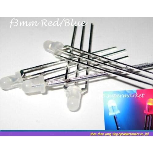 100pcs 3mm Dual Bi-Color Red/Blue Diffused Bright 3-Pin Led Common Anode Leds