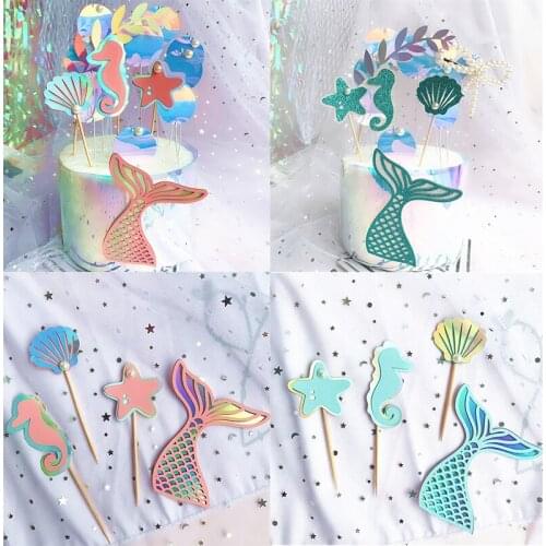 4pcs/set Mermaid Tail Shell Cake Topper Kids Birthday Cake Decoration Mermaid Cake Insert Card Baby Shower Supplies Toppers