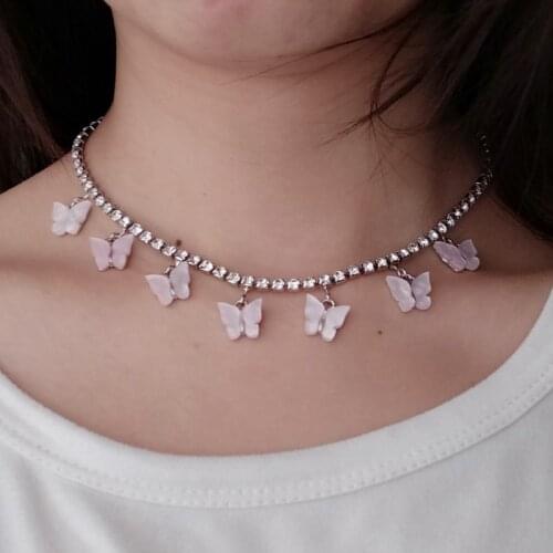 Pink Purple Butterfly Pendant Necklace Women Gold Silver Color Shining Rhinestone Tennis Chain Choker Necklace Wedding Jewelry