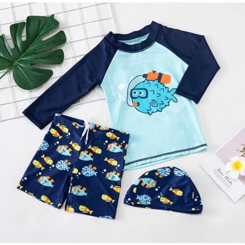 Baby Boys Swimwear Two Pieces Swimsuits Cartoon Fish Long Sleeve Swim Suit Kids Bathing Suits Sunblock Surfing Clothing 1-9Years