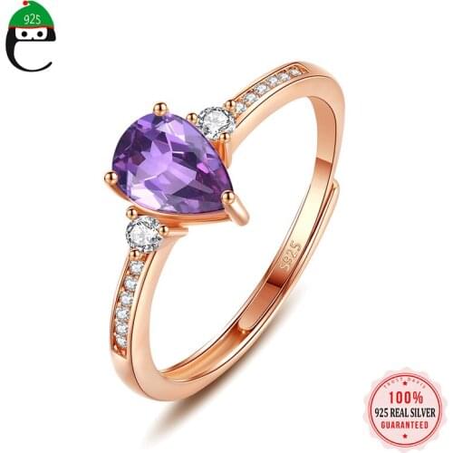ElfoPlataSi Genuine S925 Sterling Silver Rose Purple CZ Love Cocktail Rings For Women Wedding Birthday Party Fine Jewelry L201