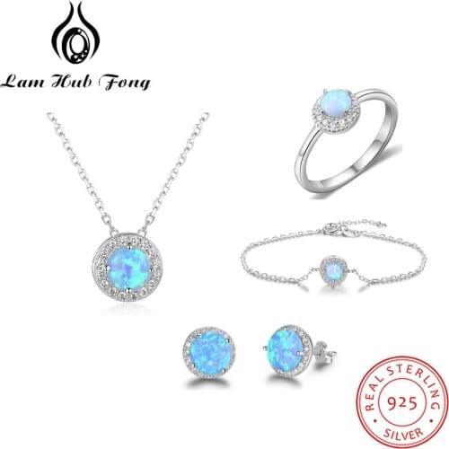 925 Sterling Silver Jewelry Sets Round Blue Opal Stone Rings Stud Earrings Necklaces Bracelets Gifts for Women (Lam Hub Fong)