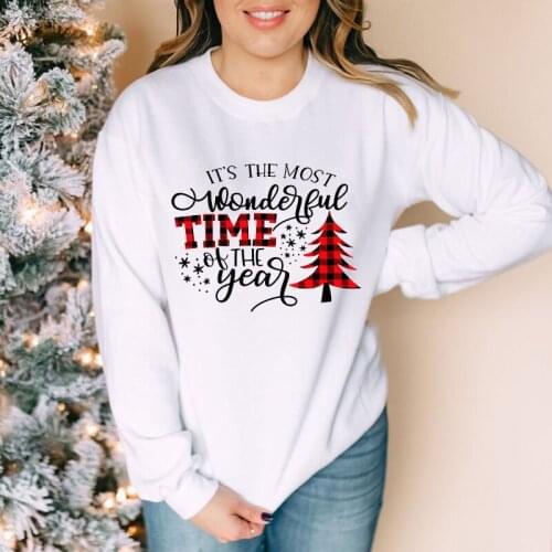 Colored Its The Most Wonderful Time Of The Year Sweatshirt Aesthetic Buffalo Plaid Christmas Tree Graphic Pullovers Streetwear