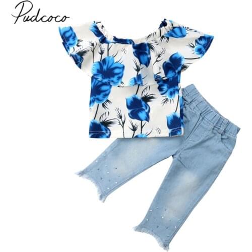 2018 Brand New Toddler Infant Baby Kid Girl Floral T-shirt Tops Jeans Denim Long Beading Pants 2Pcs Summer Sunsuit Clothes 1-5T