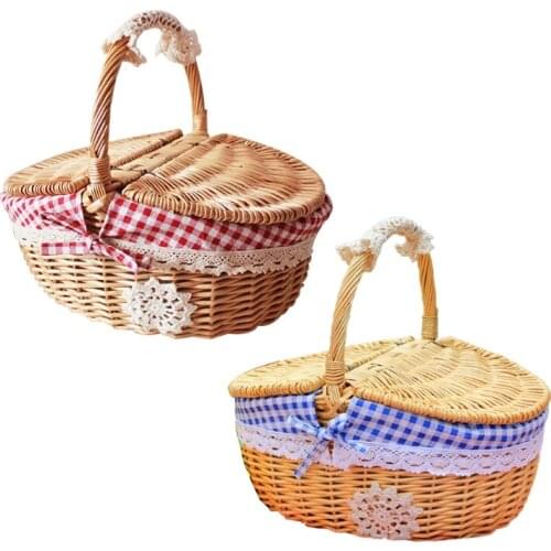 Rattan Outdoor Picnic Basket Country Style Wicker Hamper with Lid and Handle Quality Liners Food Fruit Storage Carrying